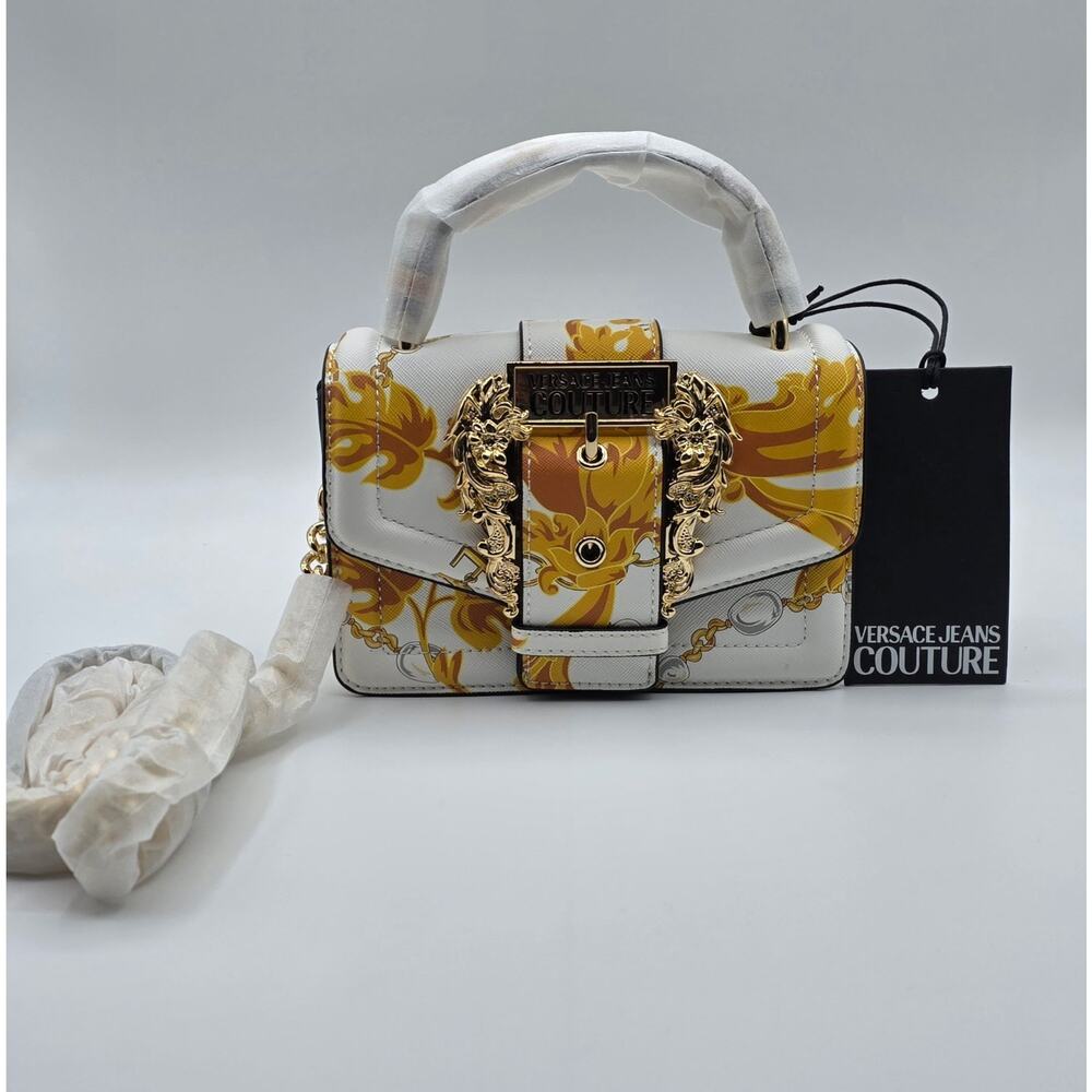 NWTVersace Jeans Couture Mini Top Handle Bag White Gold Baroque Print /CB Chain